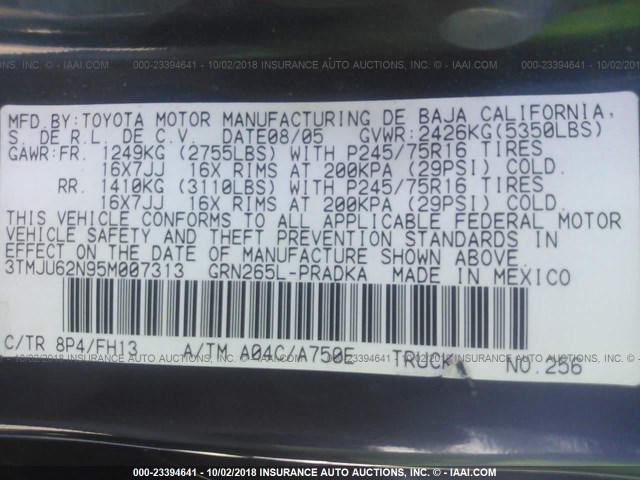 3TMJU62N95M007313 - 2005 TOYOTA TACOMA DOUBLE CAB PRERUNNER BLUE photo 9