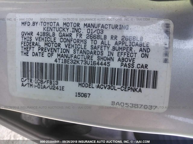 4T1BE32K73U164445 - 2003 TOYOTA CAMRY LE/XLE/SE SILVER photo 9