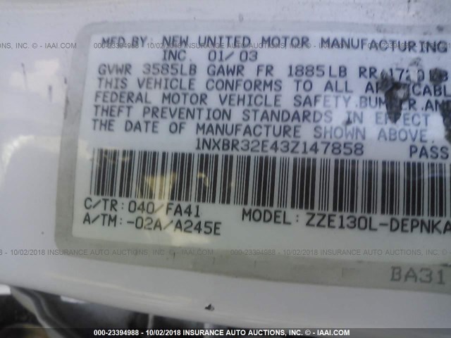 1NXBR32E43Z147858 - 2003 TOYOTA COROLLA CE/LE/S Ağ foto 9