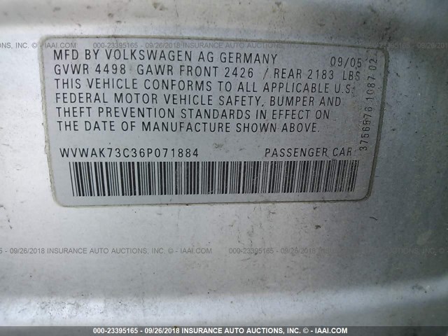 WVWAK73C36P071884 - 2006 VOLKSWAGEN PASSAT 2.0T/2.0T VALUE SILVER photo 9