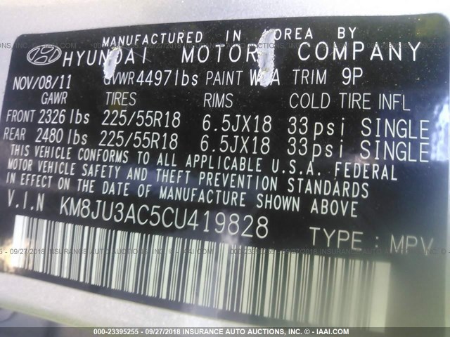 KM8JU3AC5CU419828 - 2012 HYUNDAI TUCSON GLS/LIMITED ვერცხლისფერი ფოტო 9