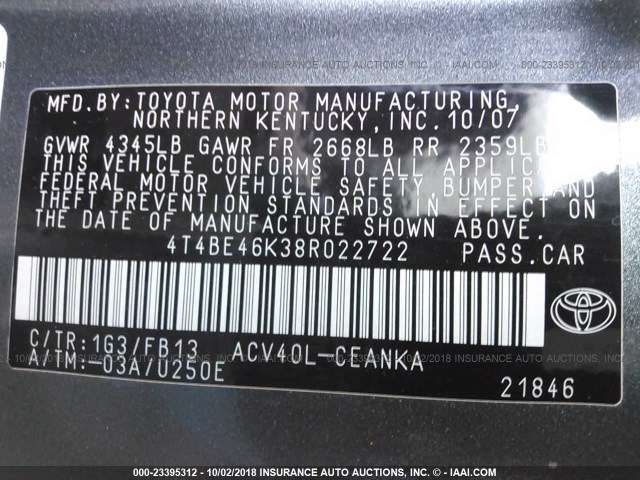 4T4BE46K38R022722 - 2008 TOYOTA CAMRY CE/LE/XLE/SE GRAY photo 9
