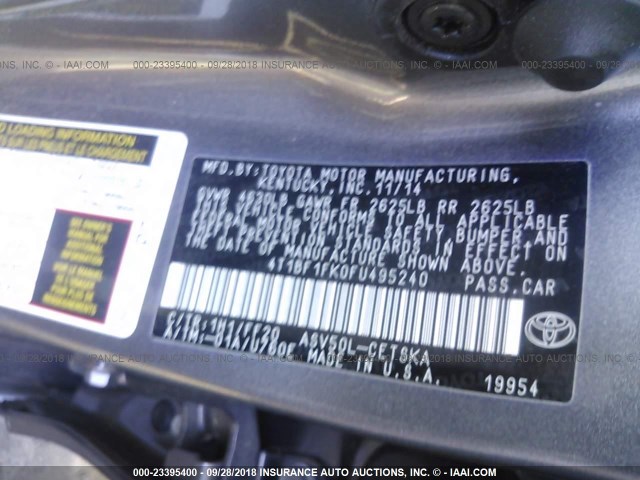 4T1BF1FK0FU495240 - 2015 TOYOTA CAMRY LE/XLE/SE/XSE 灰色 照片 9