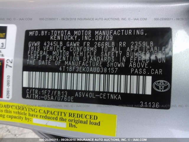 4T1BF3EK0AU038157 - 2010 TOYOTA CAMRY SE/LE/XLE 银色 照片 9