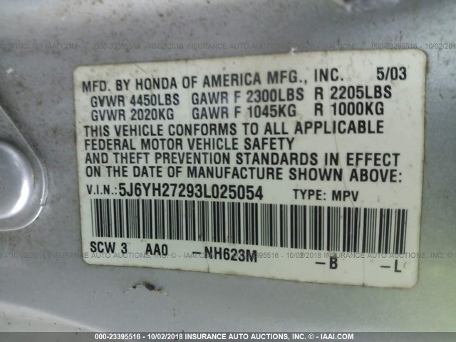 5J6YH27293L025054 - 2003 HONDA ELEMENT DX SILVER photo 9