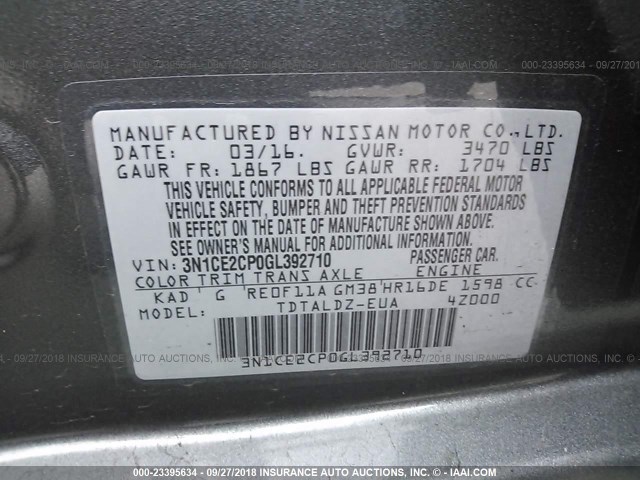 3N1CE2CP0GL392710 - 2016 NISSAN VERSA NOTE S/S PLUS/SV/SL/SR GRAY photo 9