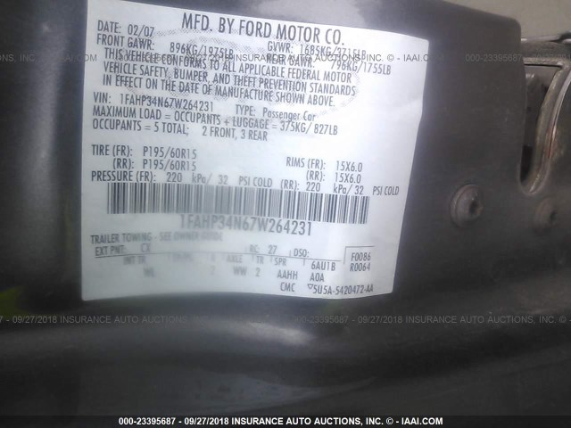 1FAHP34N67W264231 - 2007 FORD FOCUS ZX4/S/SE/SES 灰色 照片 9