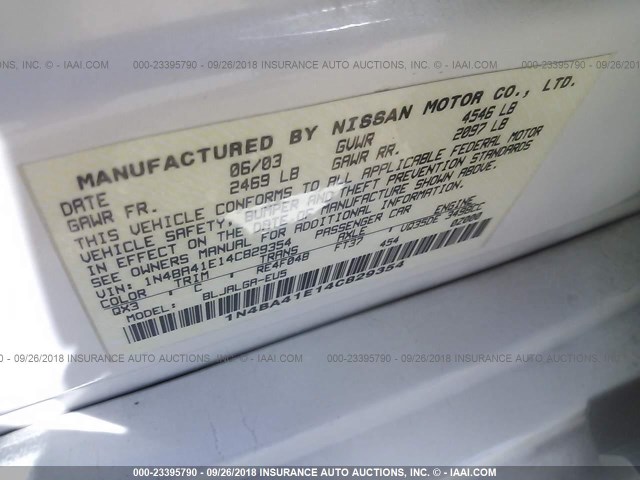 1N4BA41E14C829354 - 2004 NISSAN MAXIMA SE/SL WHITE photo 9