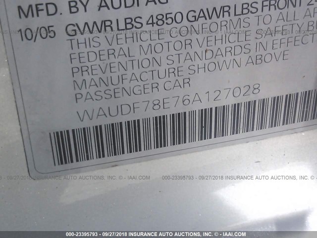 WAUDF78E76A127028 - 2006 AUDI A4 2.0T QUATTRO SILVER photo 9