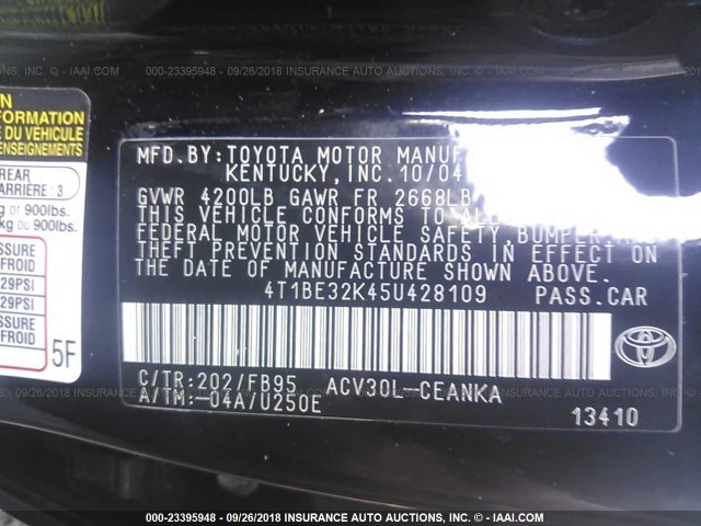 4T1BE32K45U428109 - 2005 TOYOTA CAMRY LE/XLE/SE BLACK photo 9