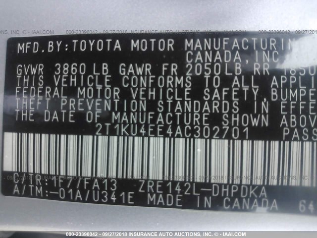 2T1KU4EE4AC302701 - 2010 TOYOTA COROLLA MATRIX  SILVER photo 9
