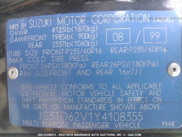 JS3TD62V1Y4108355 - 2000 SUZUKI GRAND VITARA JLX/LIMITED/JX BLACK photo 9