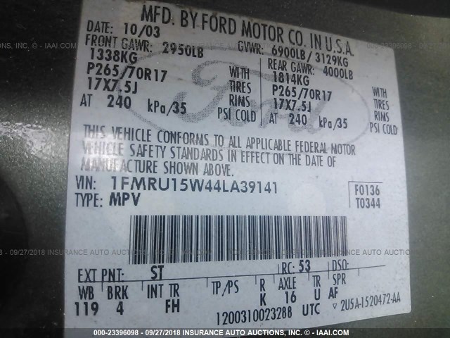 1FMRU15W44LA39141 - 2004 FORD EXPEDITION XLT GREEN photo 9