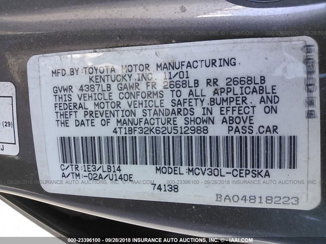 4T1BF32K62U512988 - 2002 TOYOTA CAMRY LE/XLE/SE Сұр фото 9