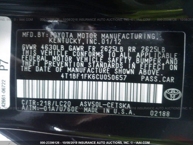 4T1BF1FK6CU050657 - 2012 TOYOTA CAMRY SE/LE/XLE BLACK photo 9