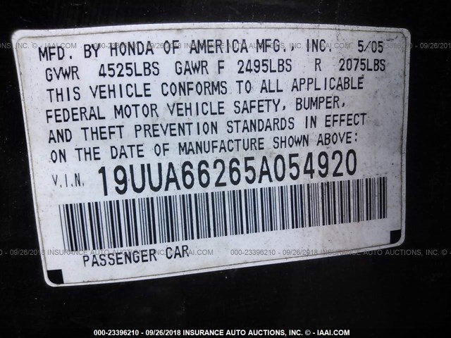 19UUA66265A054920 - 2005 ACURA TL BLACK photo 9