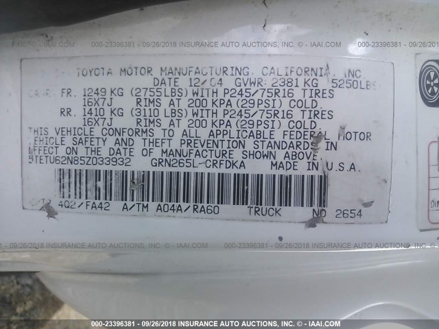 5TETU62N85Z033932 - 2005 TOYOTA TACOMA PRERUNNER ACCESS CAB WHITE photo 9