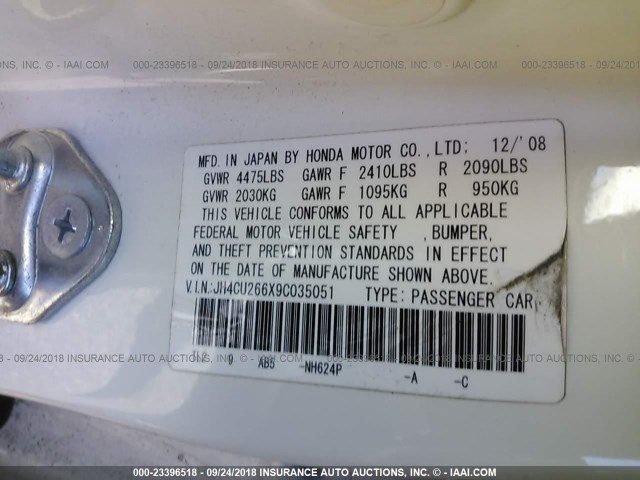 JH4CU266X9C035051 - 2009 ACURA TSX WHITE photo 9