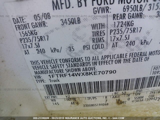 1FTRF14WX8KE70790 - 2008 FORD F150 WHITE photo 9