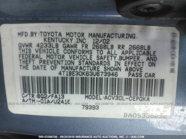 4T1BE30K63U673946 - 2003 TOYOTA CAMRY LE/XLE/SE Mavi foto 9