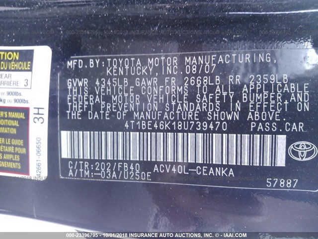 4T1BE46K18U739470 - 2008 TOYOTA CAMRY CE/LE/XLE/SE BLACK photo 9