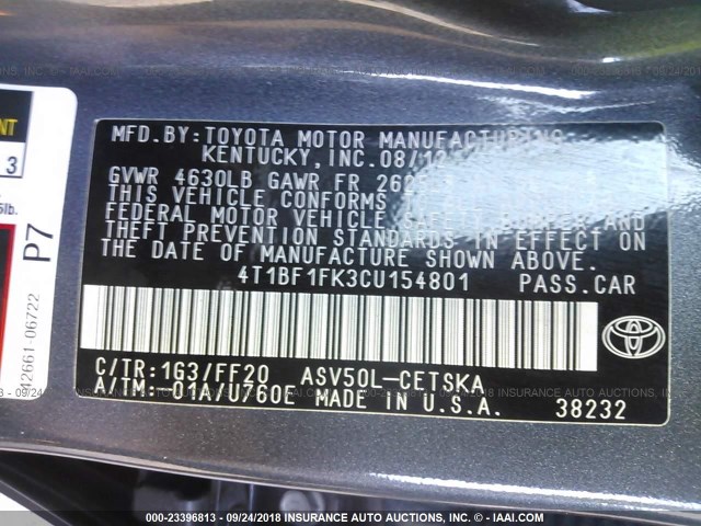 4T1BF1FK3CU154801 - 2012 TOYOTA CAMRY SE/LE/XLE ნაცრისფერი ფოტო 9