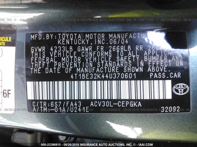 4T1BE32K44U370601 - 2004 TOYOTA CAMRY LE/XLE/SE Жасыл фото 9