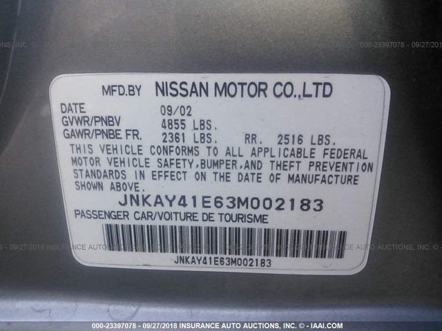 JNKAY41E63M002183 - 2003 INFINITI M45 SILVER photo 9