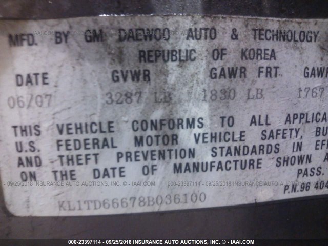 KL1TD66678B036100 - 2008 CHEVROLET AVEO LS GRAY photo 9