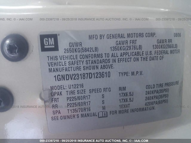 1GNDV23187D123610 - 2007 CHEVROLET UPLANDER LS BROWN photo 9