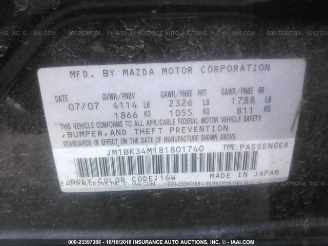 JM1BK34M181801740 - 2008 MAZDA SPEED 3 Schwarz Foto 9