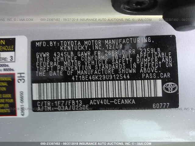 4T1BE46K29U912544 - 2009 TOYOTA CAMRY SE/LE/XLE 银色 照片 9