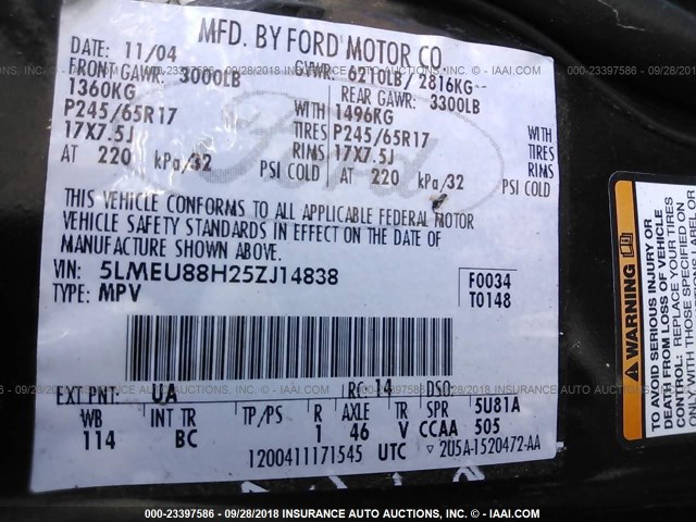 5LMEU88H25ZJ14838 - 2005 LINCOLN AVIATOR 黑色 照片 9