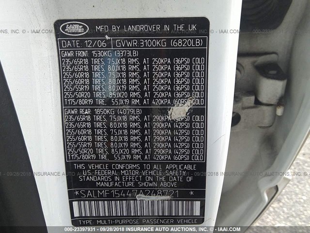 SALMF15447A248721 - 2007 LAND ROVER RANGE ROVER HSE WHITE photo 9