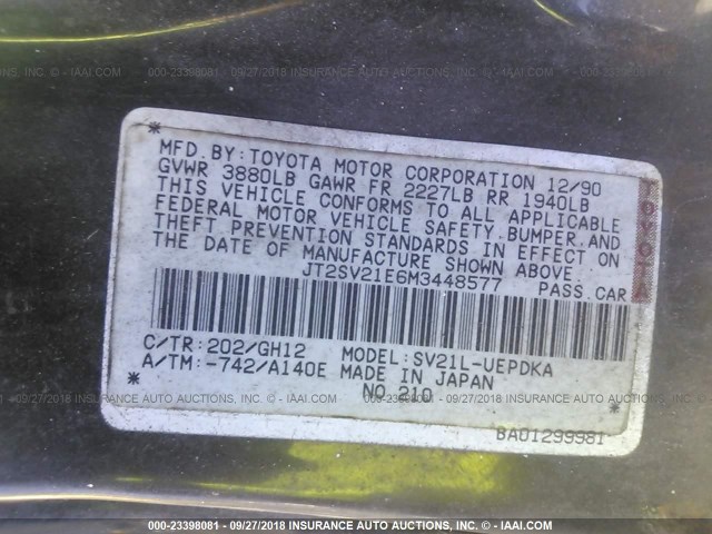 JT2SV21E6M3448577 - 1991 TOYOTA CAMRY DLX BLACK photo 9