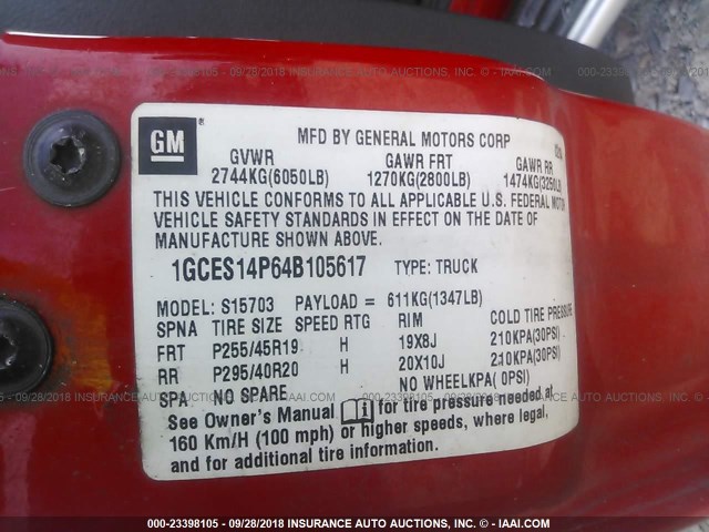 1GCES14P64B105617 - 2004 CHEVROLET SSR RED photo 9