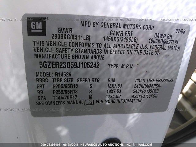 5GZER23D59J105242 - 2009 SATURN OUTLOOK XR თეთრი ფოტო 9