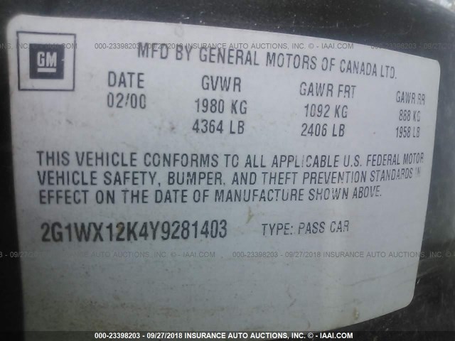 2G1WX12K4Y9281403 - 2000 CHEVROLET MONTE CARLO SS შავი ფოტო 9