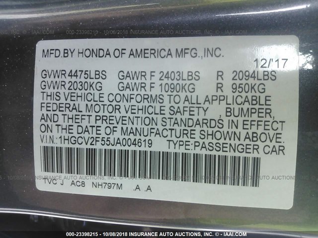 1HGCV2F55JA004619 - 2018 HONDA ACCORD EXL GRAY photo 8