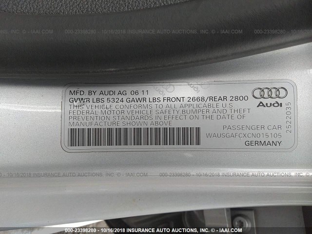 WAUSGAFCXCN015105 - 2012 AUDI A7 PRESTIGE SILVER photo 9