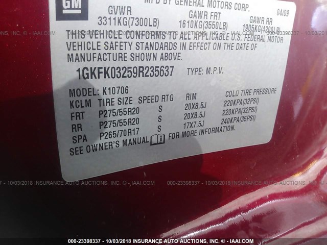 1GKFK03259R235637 - 2009 GMC YUKON DENALI RED photo 9