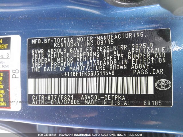 4T1BF1FK5GU511546 - 2016 TOYOTA CAMRY LE/XLE/SE/XSE BLUE photo 9