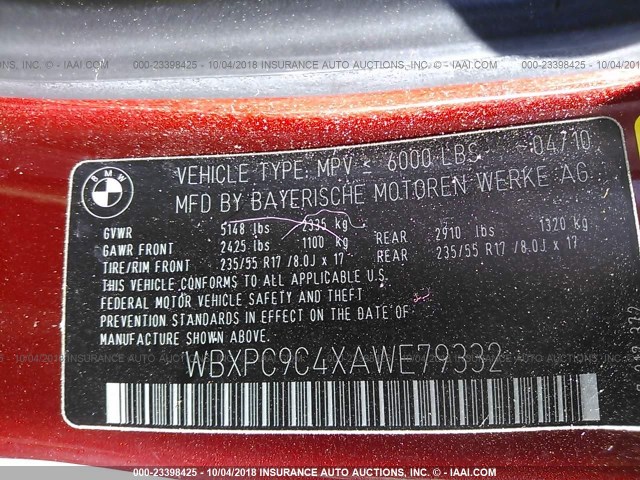 WBXPC9C4XAWE79332 - 2010 BMW X3 XDRIVE30I Qırmızı foto 9
