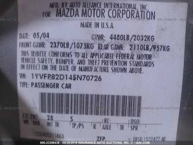 1YVFP82D145N70726 - 2004 MAZDA 6 S GREEN photo 9