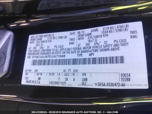 1FMCU0J97EUA71688 - 2014 FORD ESCAPE TITANIUM BLACK photo 9