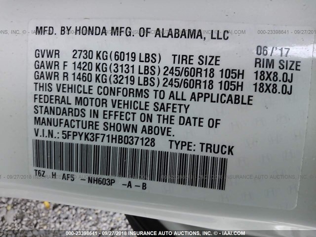 5FPYK3F71HB037128 - 2017 HONDA RIDGELINE RTL WHITE photo 9