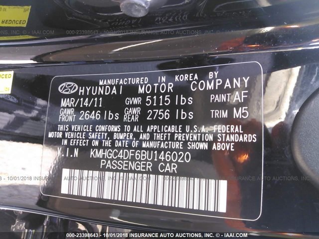 KMHGC4DF6BU146020 - 2011 HYUNDAI GENESIS 4.6L BLACK photo 9