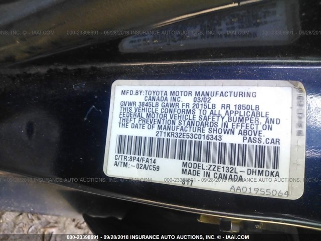 2T1KR32E53C016343 - 2003 TOYOTA COROLLA MATRIX XR BLUE photo 9