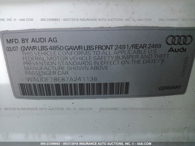 WAUDF78E87A241136 - 2007 AUDI A4 2.0T QUATTRO WHITE photo 9