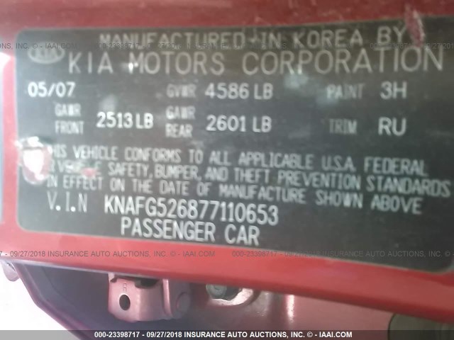 KNAFG526877110653 - 2007 KIA RONDO LX/EX RED photo 9